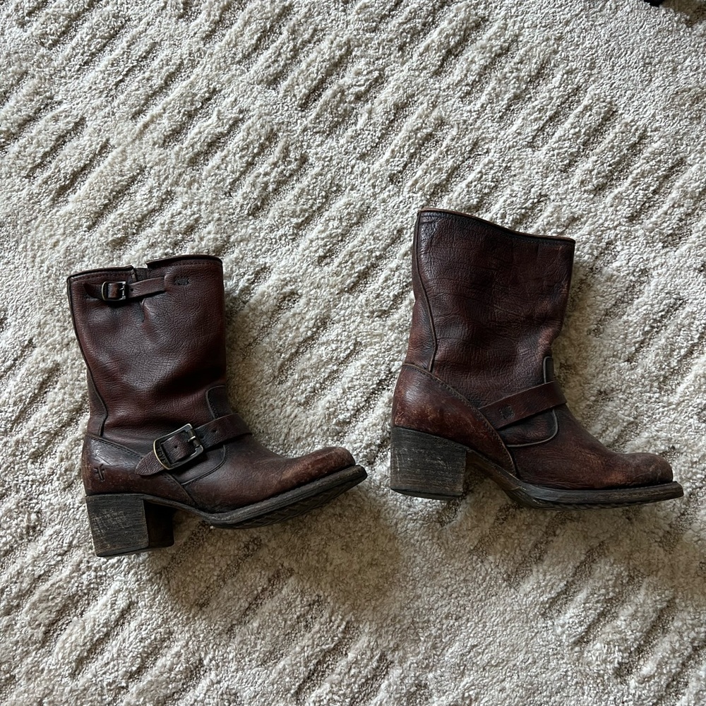 Brown slightly distressed Leather Moto Frye Boots